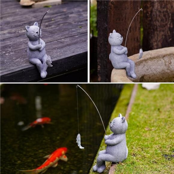 Fishing Cat Garden Statue – 10" Little Cat Fisher for Garden Pond Decor - Picture 5 of 8